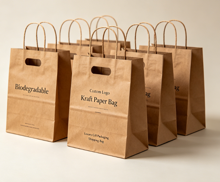 Aangepaste logo biologisch afbreekbare gestanste handgreep kraftpapier cadeau boodschappentas