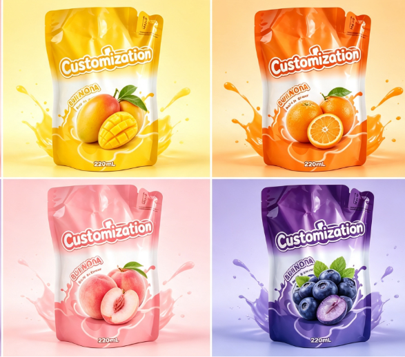 Multi-smaken 220 ml Ingebouwde stroknijpzakjes Op maat gemaakte fruitpuree- en sapverpakkingszakken