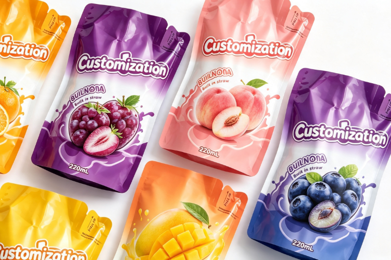 Multi-smaken 220 ml Ingebouwde stroknijpzakjes Op maat gemaakte fruitpuree- en sapverpakkingszakken