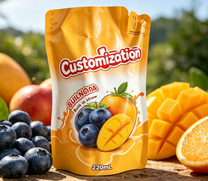 220 ml mangofruitpuree, ingebouwde rietjezakjes, op maat gemaakte drankverpakkingszakken